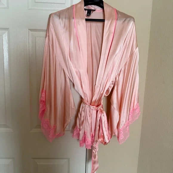 Victoria's Secret Blush Satin Robe with Pink Lace - Picture 1 of 6